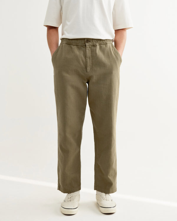 wax london men's Kurt - Khaki Crinkle Cotton-Linen Relaxed Fit Trousers