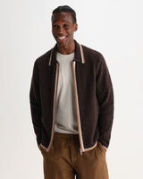 wax london men's Lennox - Brown And Natural Long-Sleeve Knitted Zip Polo