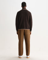 wax london men's Lennox - Brown And Natural Long-Sleeve Knitted Zip Polo