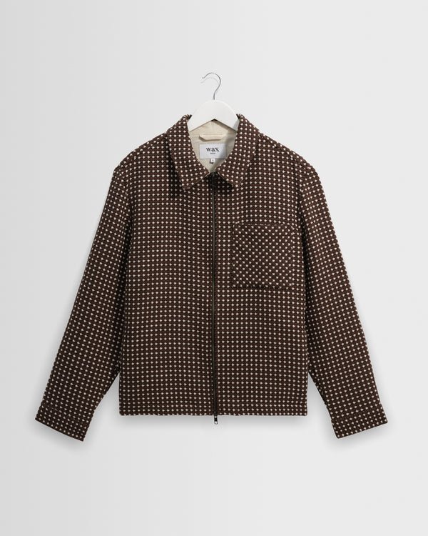 wax london men's Lytton - Brown And Ecru Hash Check Zip Overshirt
