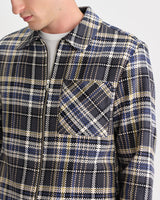 wax london men's Lytton - Charcoal And Blue Pixel Check Zip Overshirt