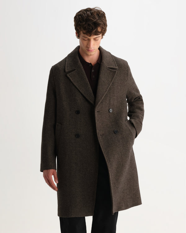 wax london men's Magnus - Brown Herringbone Double-Breasted Wool Overcoat