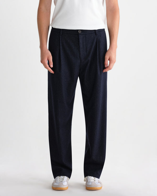 wax london men's Malham - Dark Navy Wool Blend Stripe Trouser