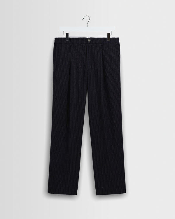 wax london men's Malham - Dark Navy Wool Blend Stripe Trouser