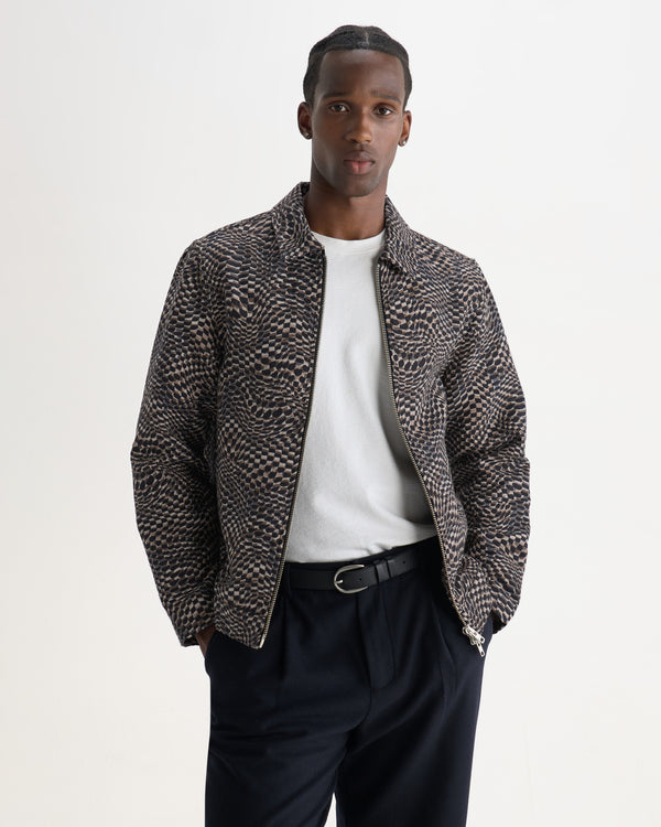 wax london men's PARK JACKET GEO WAVE JACQUARD NAVY / BROWN