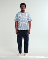 Didcot - Ecru And Blue Geometric Embroidered Short-Sleeve Shirt
