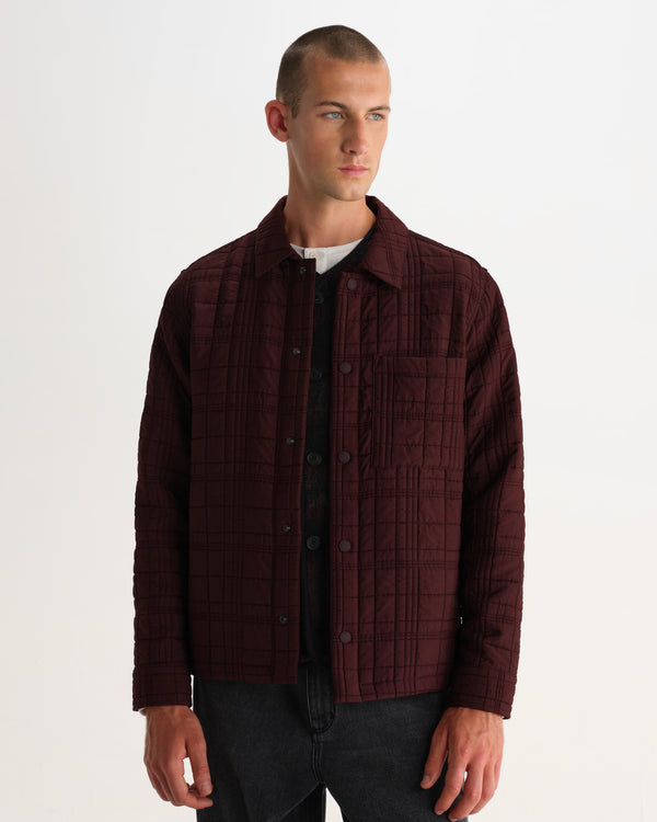 wax london men's Romer - Dark Burgundy Quilted Check Overshirt