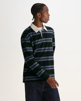 wax london men's Rowhill - Bottle Green And Blue Mirror Stripe Loopback Rugby Shirt