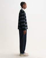 wax london men's Rowhill - Bottle Green And Blue Mirror Stripe Loopback Rugby Shirt