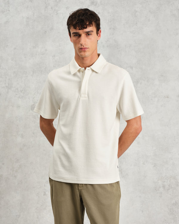 wax london men's Shore - Ecru Textured Organic Cotton Polo Shirt