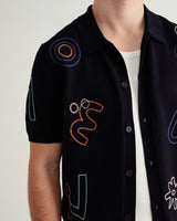 wax london men's Tellaro - Navy And Multicolour Shapes Embroidered Shirt