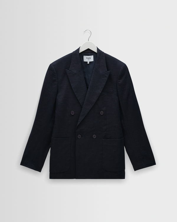 wax london men's Vigo - Navy Linen Double-Breasted Blazer