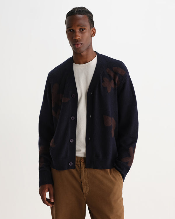 wax london men's Walker - Navy And Brown Felted Applique Knit Cardigan