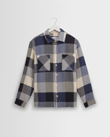 wax london men's Whiting - Navy And Ecru Block Check Overshirt