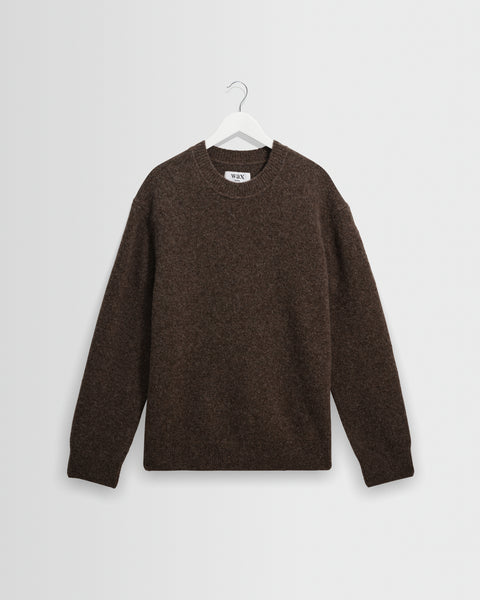 Wilde - Pull col rond en laine duveteuse marron chocolat